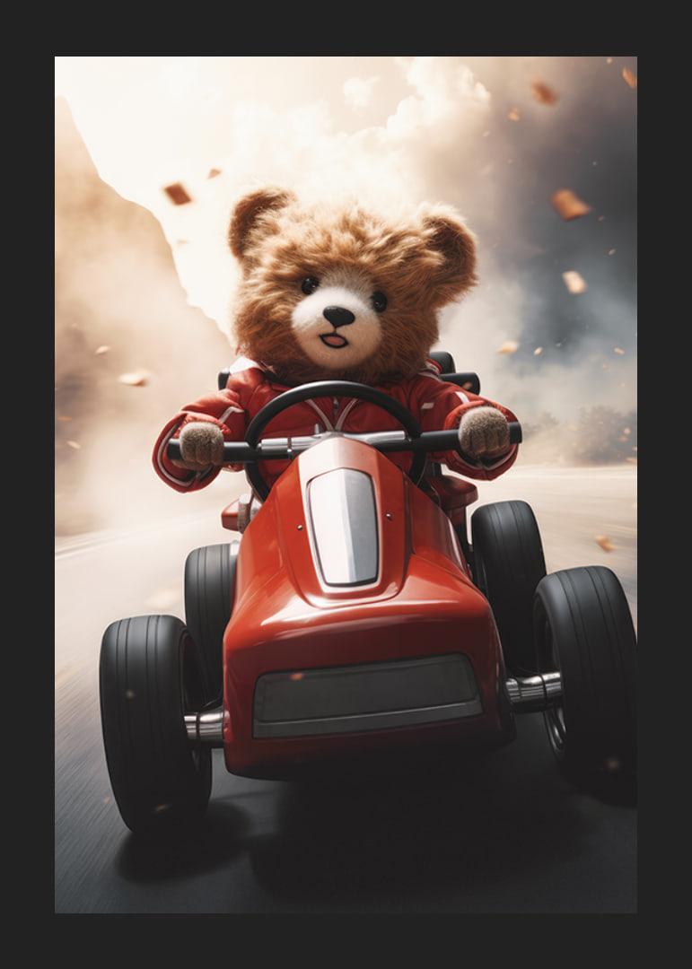 Illustrated teddy bear in red toy car on the road at speed-12