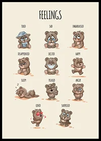 Illustrated teddy bears showing different emotions on beige background-6