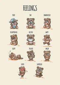 Illustrated teddy bears showing different emotions on beige background-7