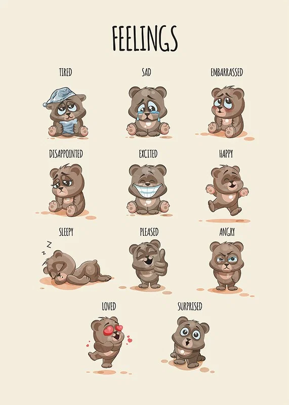 Illustrated teddy bears showing different emotions on beige background-12