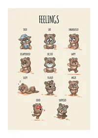 Illustrated teddy bears showing different emotions on beige background-1