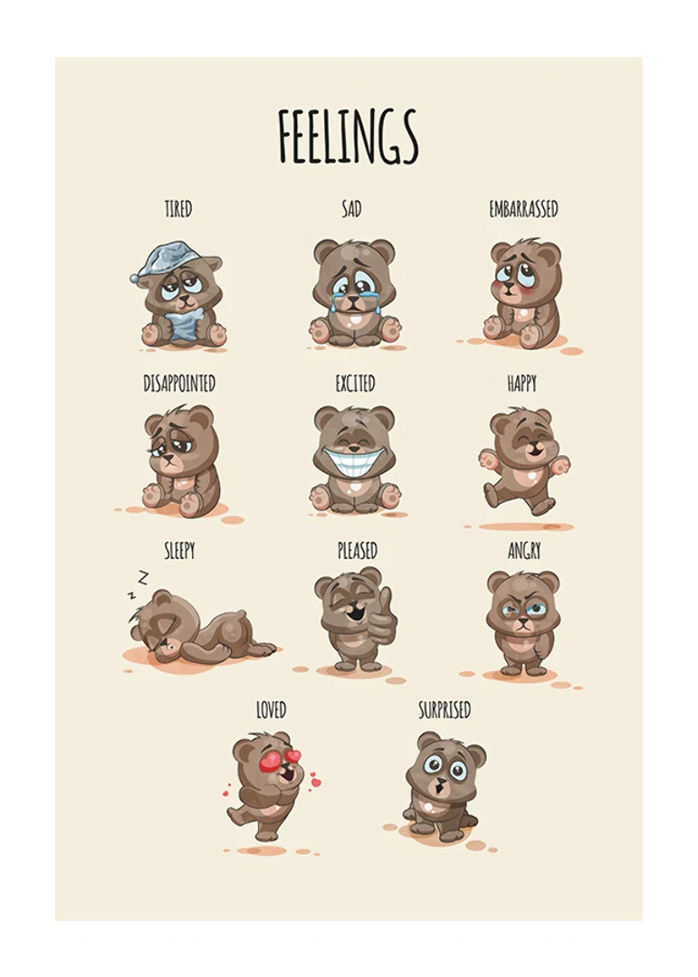 Illustrated teddy bears showing different emotions on beige background-12