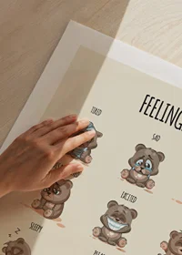 Illustrated teddy bears showing different emotions on beige background-9