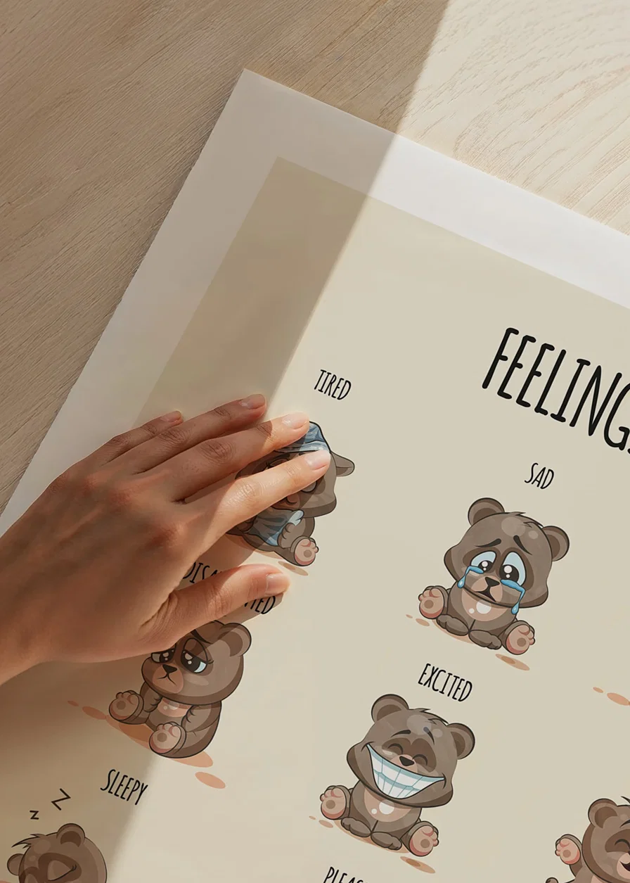 Illustrated teddy bears showing different emotions on beige background-12
