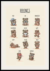 Illustrated teddy bears showing different emotions on beige background-2