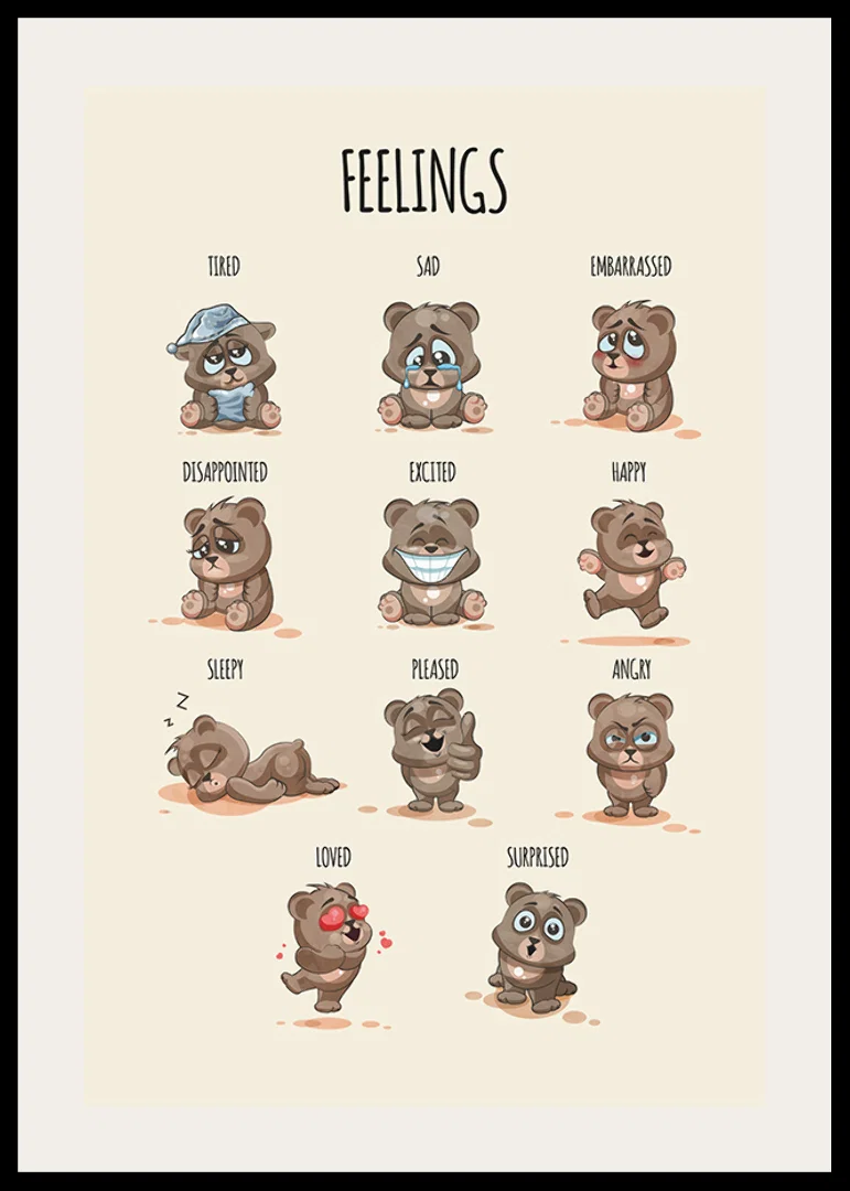 Illustrated teddy bears showing different emotions on beige background-12