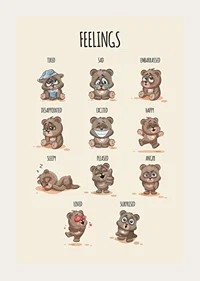 Illustrated teddy bears showing different emotions on beige background-3