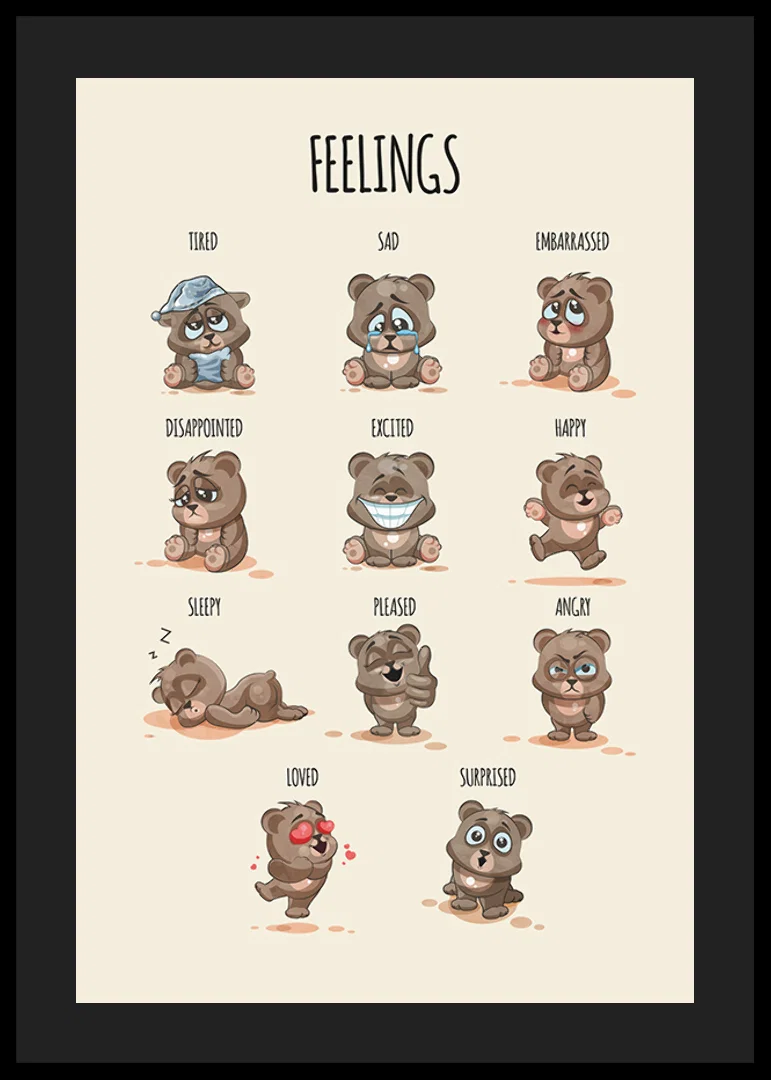 Illustrated teddy bears showing different emotions on beige background-12