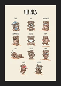 Illustrated teddy bears showing different emotions on beige background-5