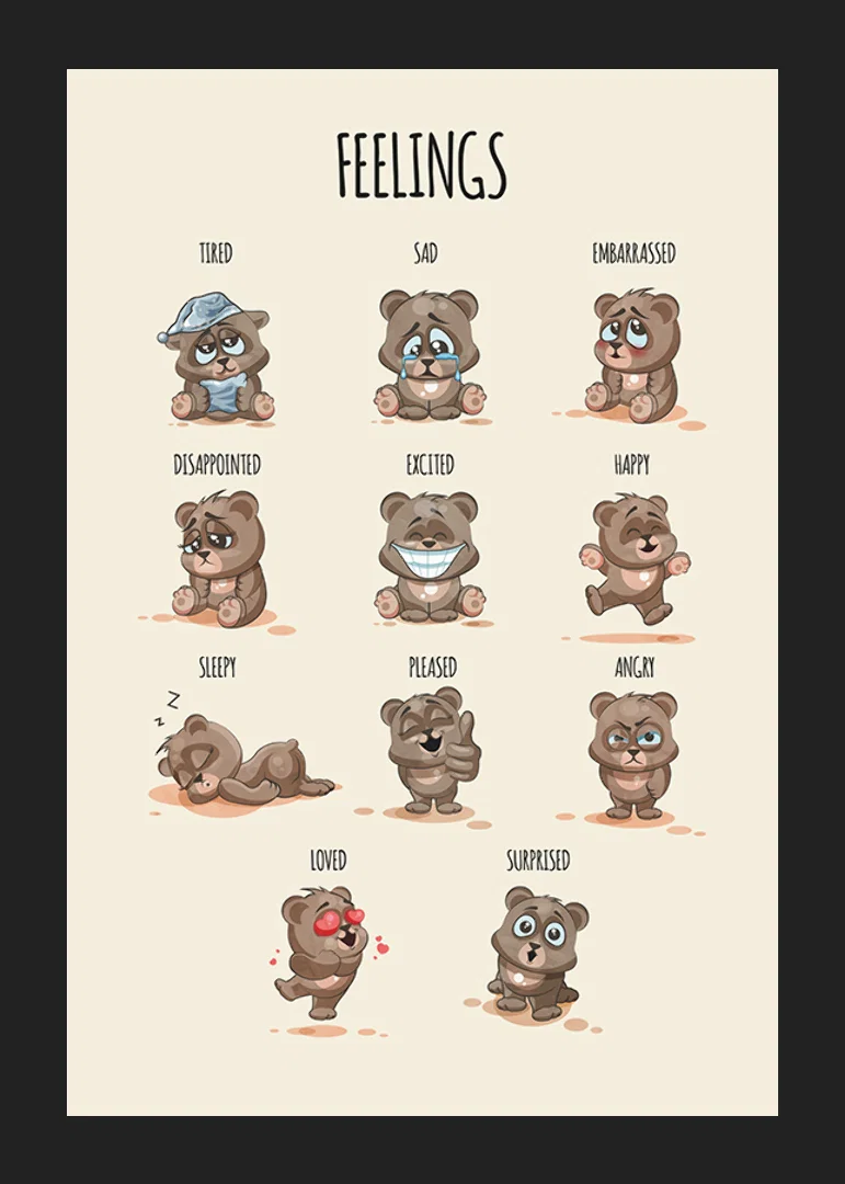 Illustrated teddy bears showing different emotions on beige background-12