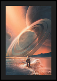 Illustrerad astronaut vid strand med stora planeter och ringar-4