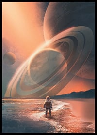 Illustrerad astronaut vid strand med stora planeter och ringar-6