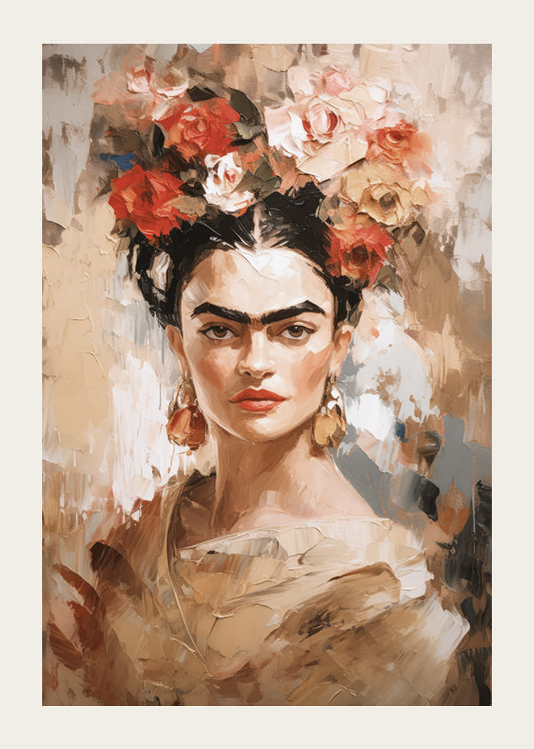 Abstrakt porträtt av Frida Kahlo i varma jordtoner-12