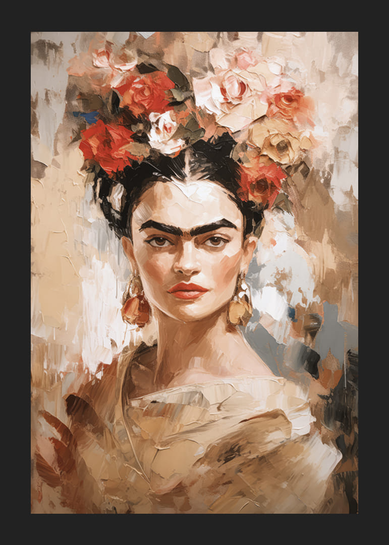 Abstrakt porträtt av Frida Kahlo i varma jordtoner-12