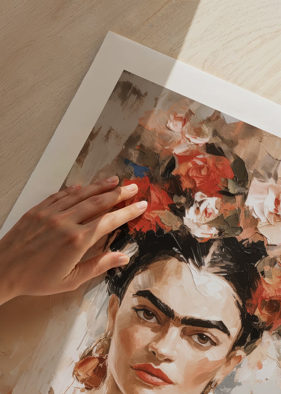 Abstract portret van Frida Kahlo in warme aardtinten-12