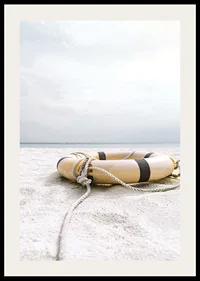 Photograph of lifebuoy on light sandy beach with ocean in the background-2