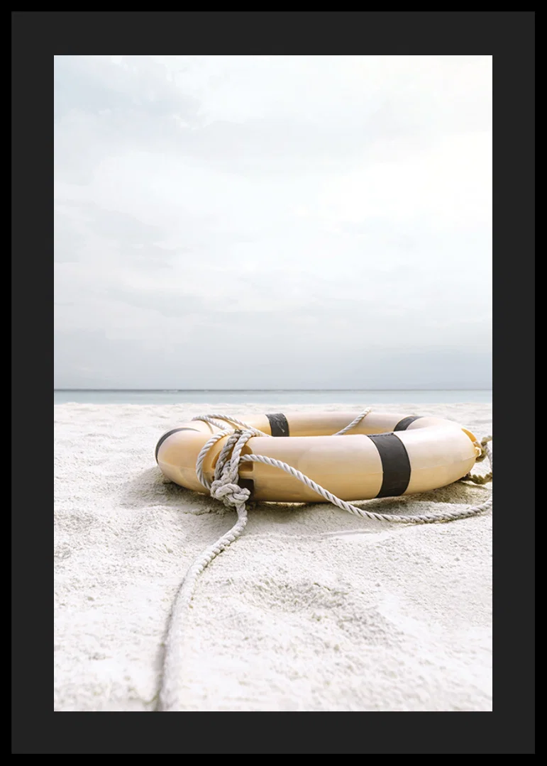 Photograph of lifebuoy on light sandy beach with ocean in the background-12