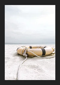 Photograph of lifebuoy on light sandy beach with ocean in the background-5
