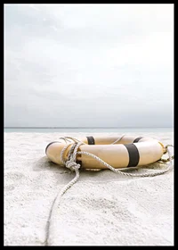 Photograph of lifebuoy on light sandy beach with ocean in the background-6