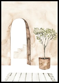 Watercolor of courtyard with olive tree in pot and arch-6