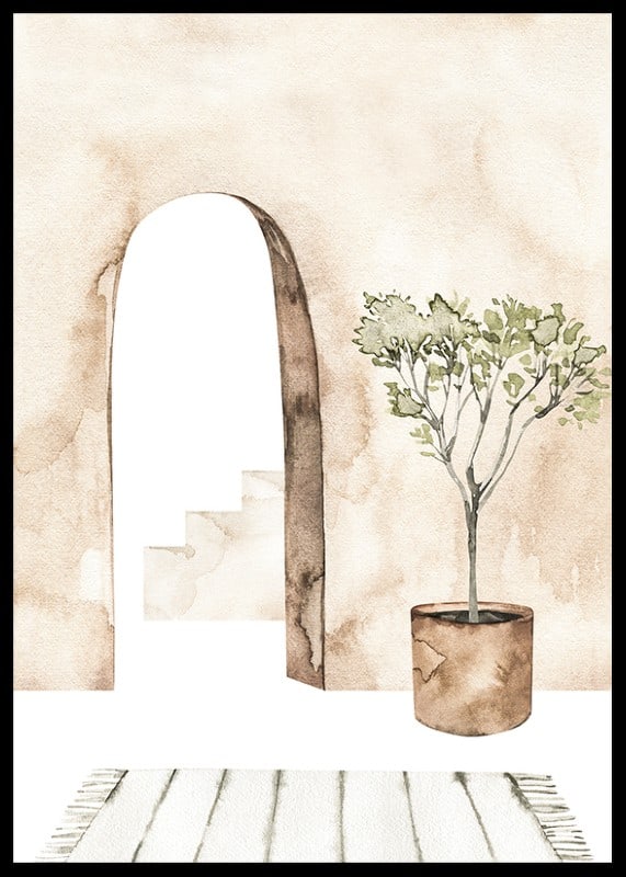 Watercolor of courtyard with olive tree in pot and arch-12