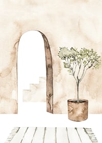 Watercolor of courtyard with olive tree in pot and arch-7