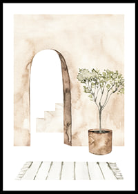 Watercolor of courtyard with olive tree in pot and arch-0