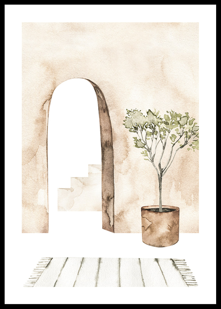 Watercolor of courtyard with olive tree in pot and arch-12