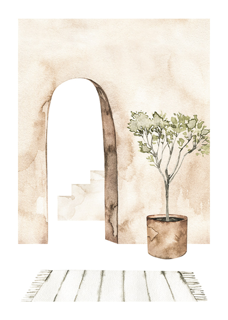 Watercolor of courtyard with olive tree in pot and arch-12