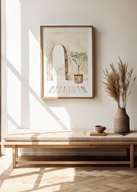 Watercolor of courtyard with olive tree in pot and arch-8