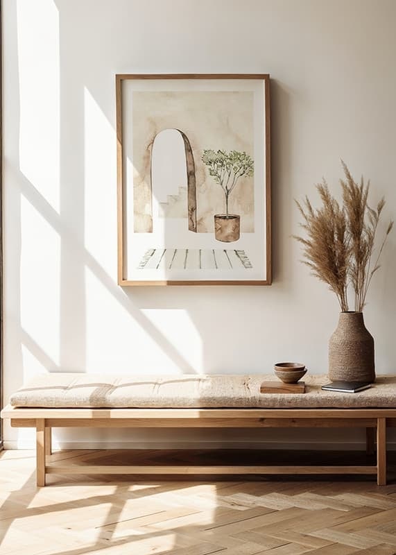 Watercolor of courtyard with olive tree in pot and arch-12
