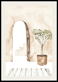Watercolor of courtyard with olive tree in pot and arch-2