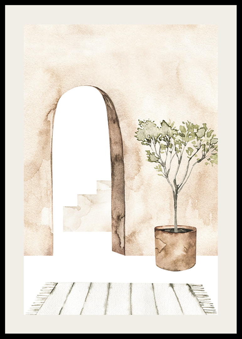 Watercolor of courtyard with olive tree in pot and arch-12