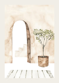 Akvarell av innergård med olivträd i kruka och valv-3