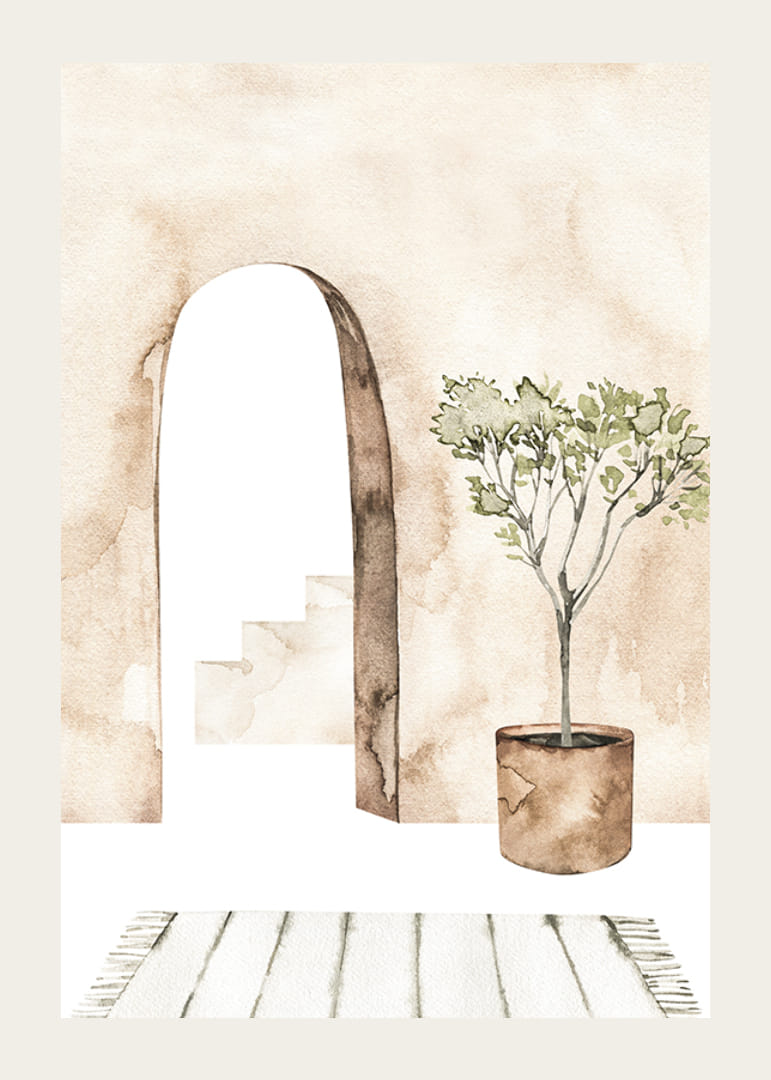 Akvarell av innergård med olivträd i kruka och valv-12