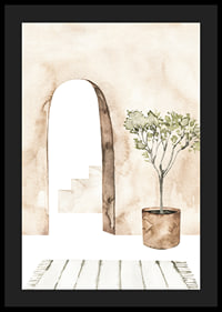 Watercolor of courtyard with olive tree in pot and arch-4