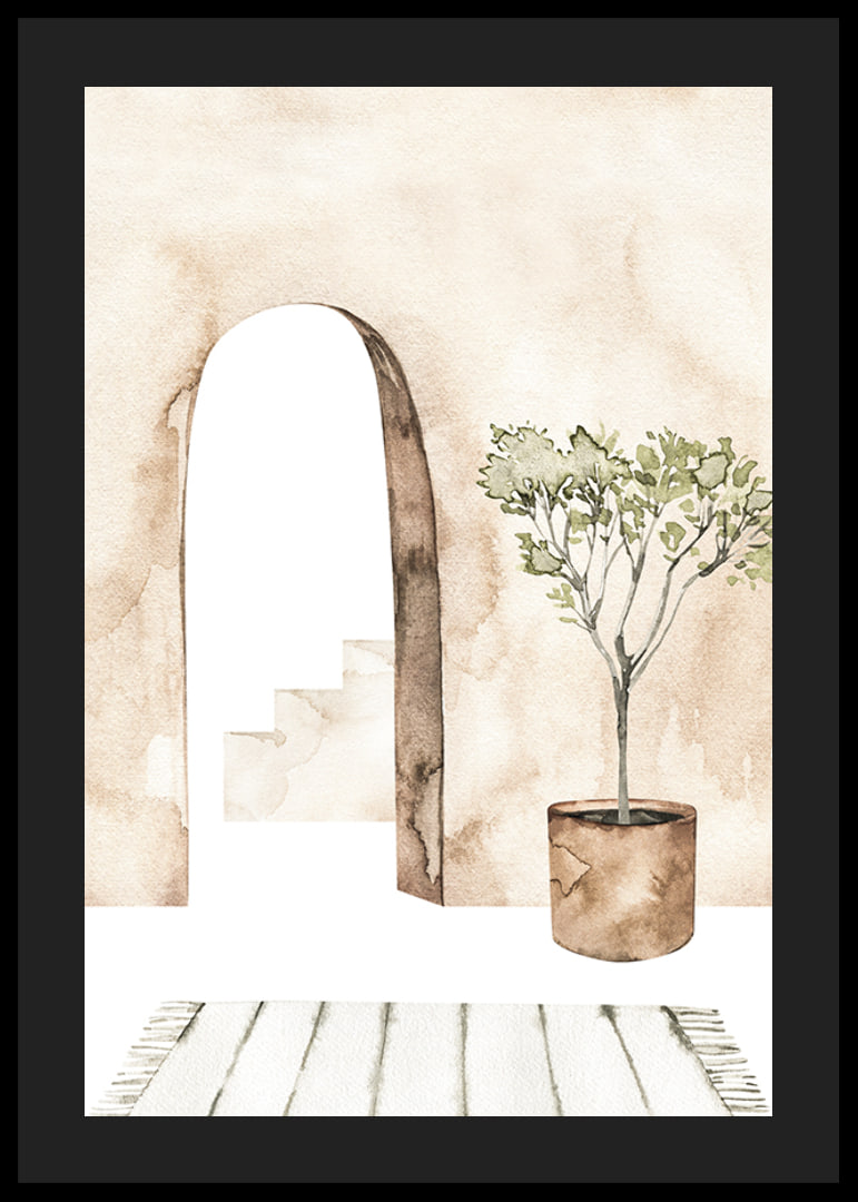Watercolor of courtyard with olive tree in pot and arch-12