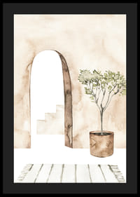 Akvarell av innergård med olivträd i kruka och valv-4