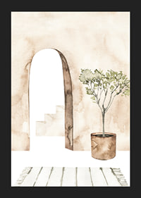 Watercolor of courtyard with olive tree in pot and arch-5