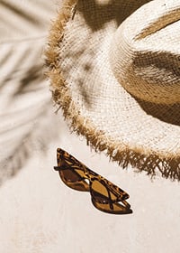 Photographic close-up of straw hat and patterned sunglasses-7