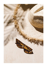 Photographic close-up of straw hat and patterned sunglasses-1