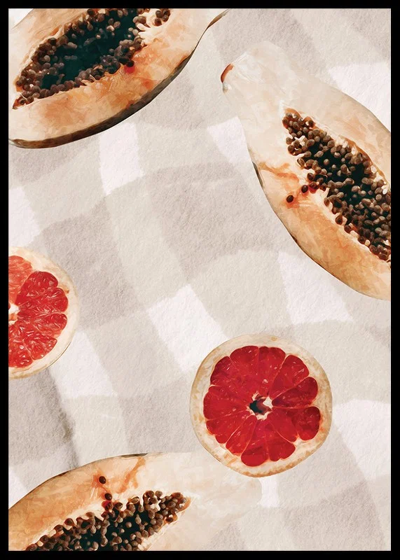 Watercolor of papayas and blood oranges on checkered canvas-12