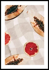 Watercolor of papayas and blood oranges on checkered canvas-0