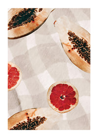 Akvarell av papaya og blodappelsiner på rutete lerret-1