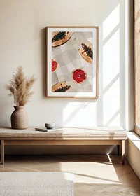 Watercolor of papayas and blood oranges on checkered canvas-8