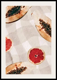 Watercolor of papayas and blood oranges on checkered canvas-2