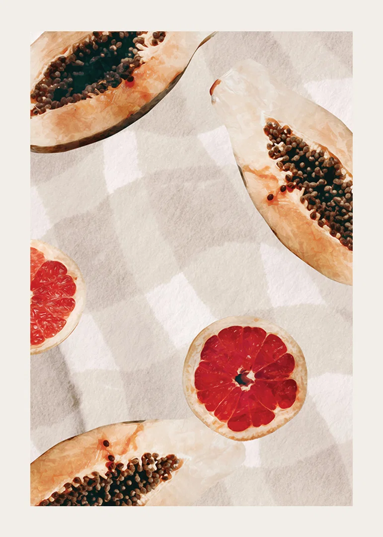 Watercolor of papayas and blood oranges on checkered canvas-12