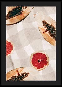 Watercolor of papayas and blood oranges on checkered canvas-4