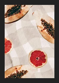 Watercolor of papayas and blood oranges on checkered canvas-5