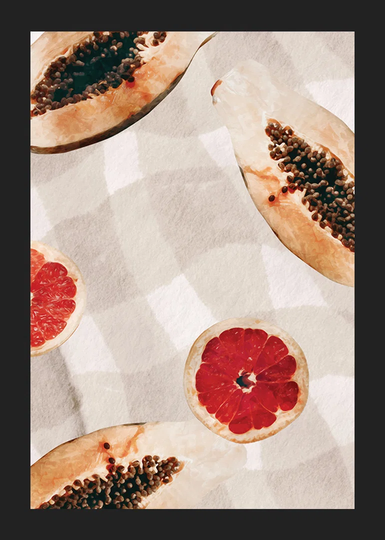 Watercolor of papayas and blood oranges on checkered canvas-12